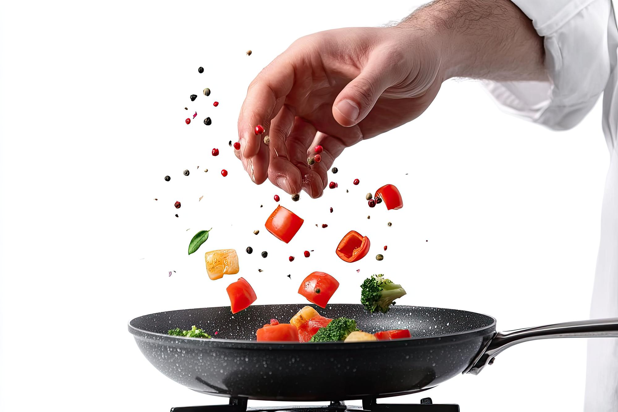Chef stirring a skillet with fresh vegetables